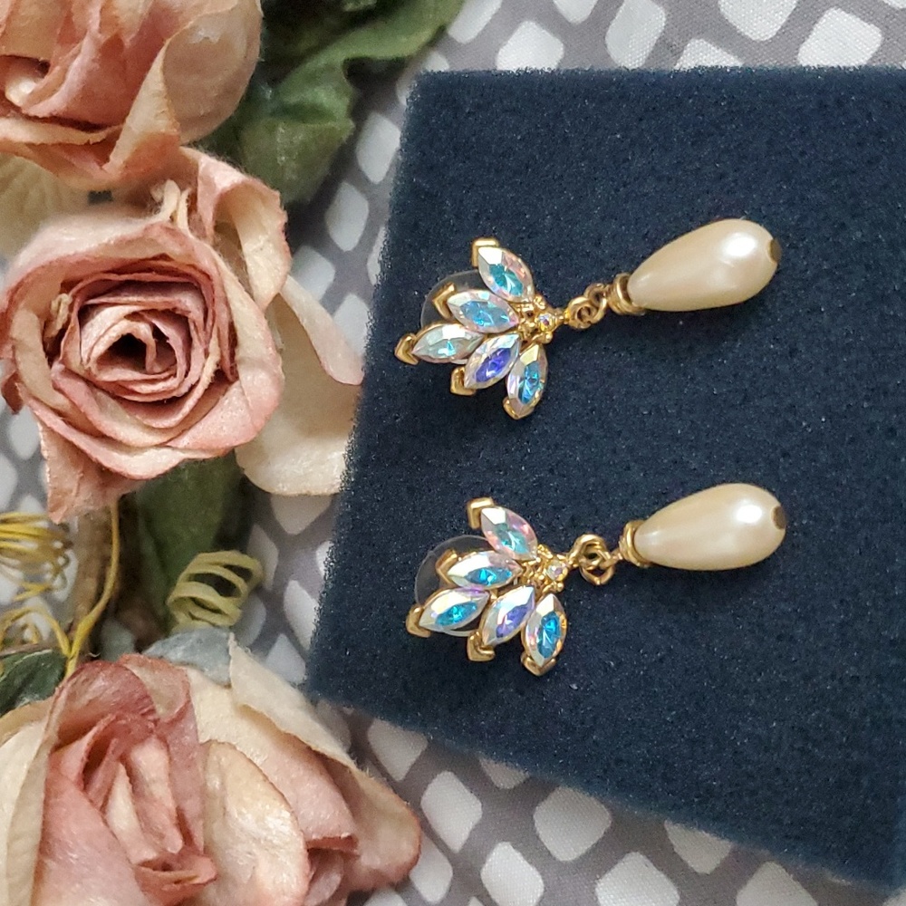 80s Sparkling AB Swarovski Rhinestone and Faux Pearl Drop Earrings